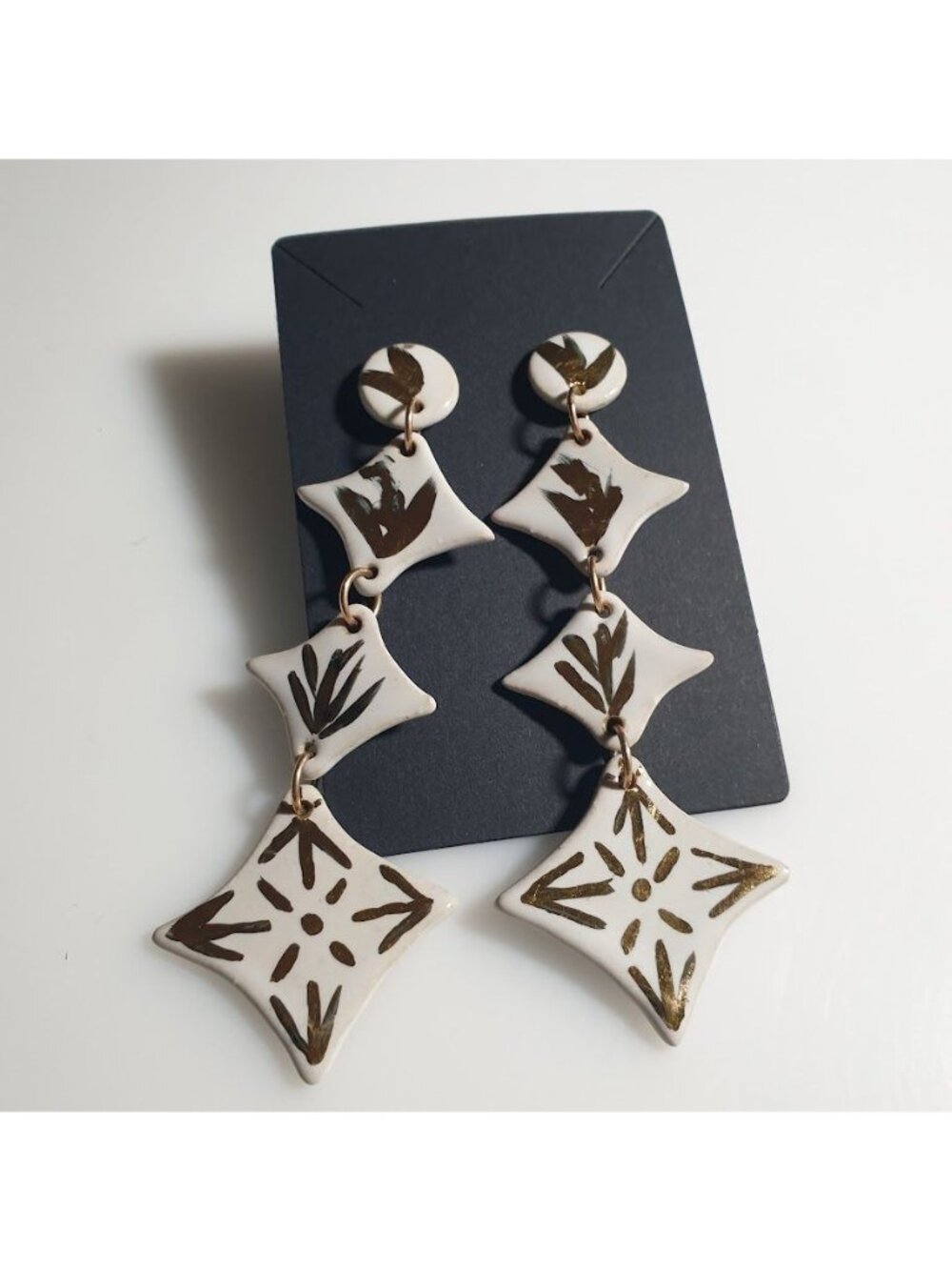 Handmade Pottery Dangle Earrings Abstract Gold White Artisan Ceramic Jewelry